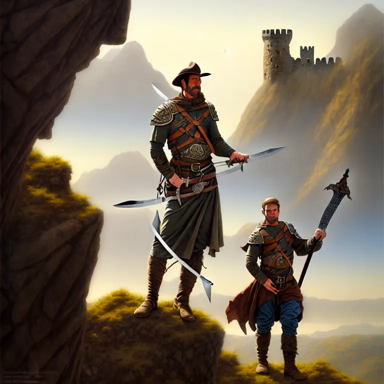 Prompt: middle age ranger with rugged expressions falcon pet on his shoulder holding a long sword, top a cliff observing old ruins of a castle, elegant clothing, photorealistic render, matte painting, highly detailed, artstation, smooth, sharp focus, art by michael whelan, artgerm, greg rutkowski