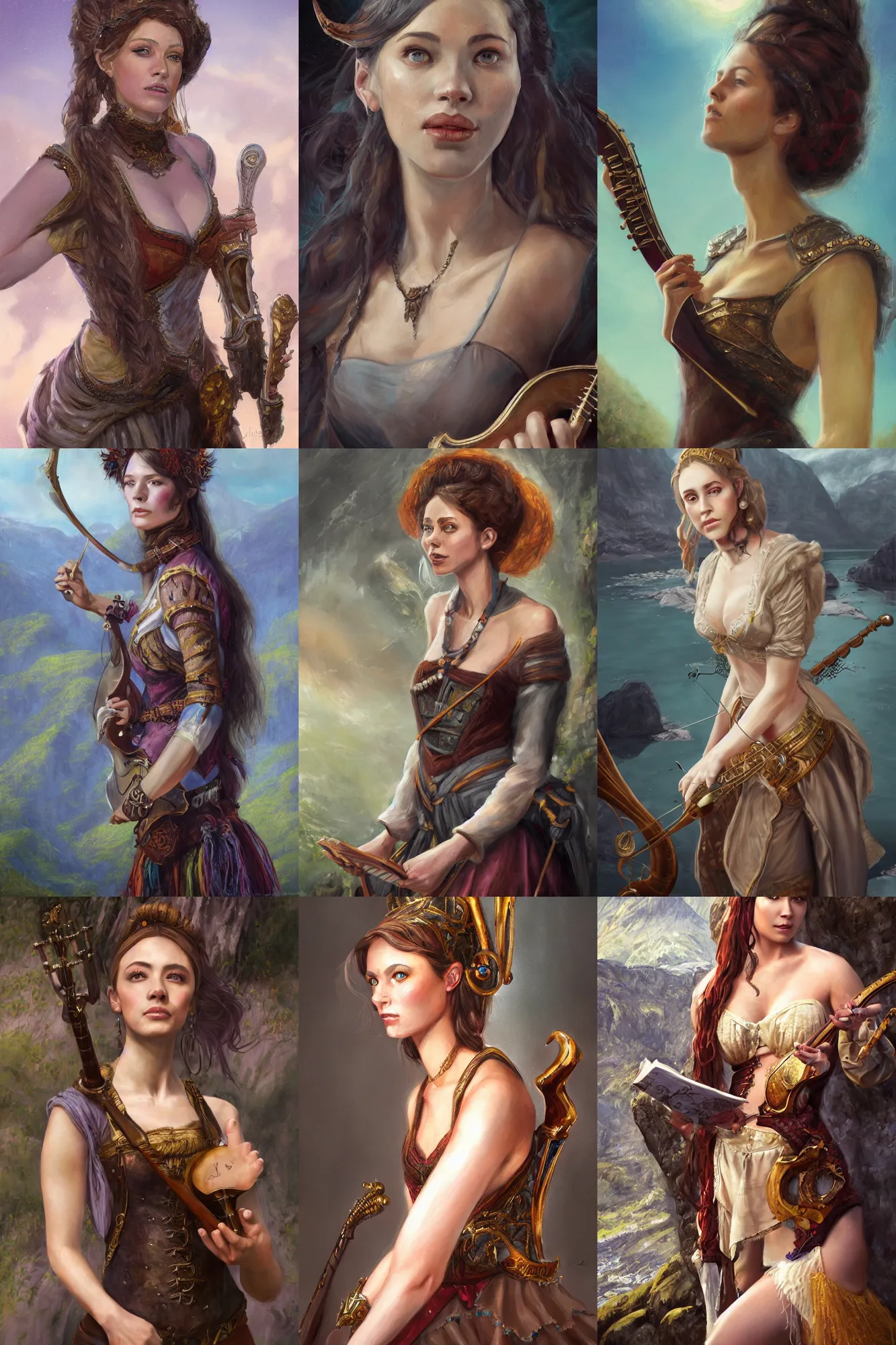 Image similar to a full body high detail fantasy portrait oil painting illustration of a single beautiful sophisticated bard woman by justin sweet with face and body clearly visible, in a scenic background, pupils visible, realistic proportions, d & d, rpg, forgotten realms, artstation trending, high quality, sombre mood, artstation trending, muted colours, entire person visible!