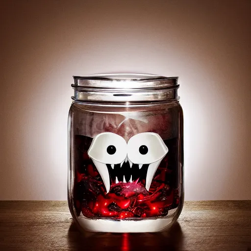 Image similar to Evil monster in a jar, product photography, centered, studio lightning