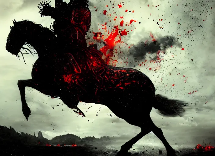 Prompt: a large man in full plate black armor splattered in blood while steaming rising from body, riding a large black horse with red glowing eyes, red shadowy wisps emanating from hair and eyes, blackened clouds cover sky crackling with lightning, rain in the distance, castle in flames and ruins, the ground is dark and cracked,
