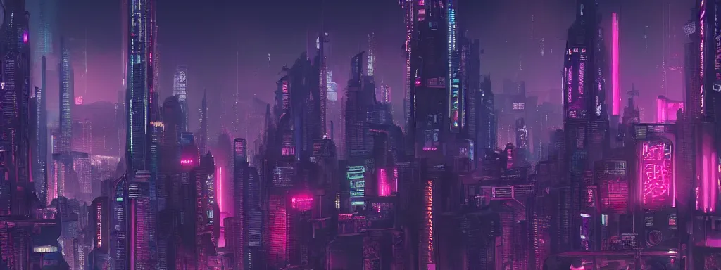 Image similar to matte painting of a neon cyberpunk mega city in the film ghost in the shell, trending on artstation, 8k, ultra hd