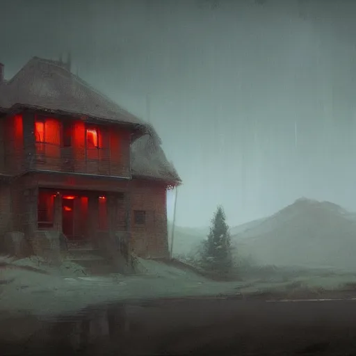 Image similar to a beautiful picture of the red lodge by Greg Rutkowski and David Lynch, trending on Artstation