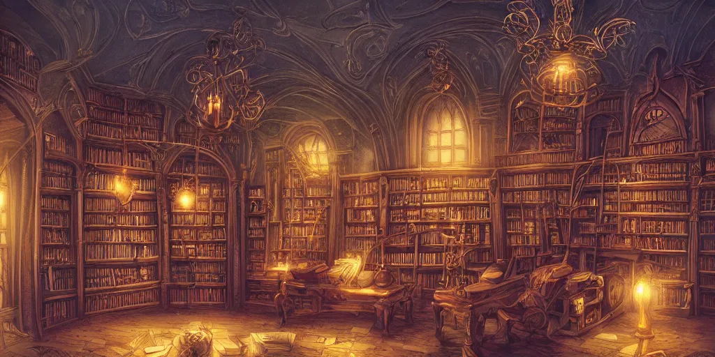 Prompt: magic library in the style of rococo, star roof, dreamy, smoke, hogwarts style, birds, roses, fairy tale, evening lights, highly detailed, artstation, mysterious, comfort, in the style of aetherpunk