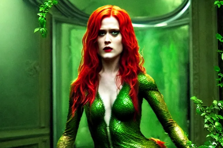 Image similar to 4 k still of evan rachel wood as poison ivy, detailed, photorealistic