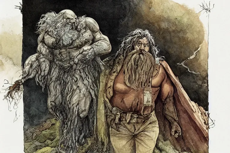 Image similar to surreal a hulking herculean hagrid in a post apocalyptic hellscape by peter booth and william blake esoteric symbolism, intense emotional power