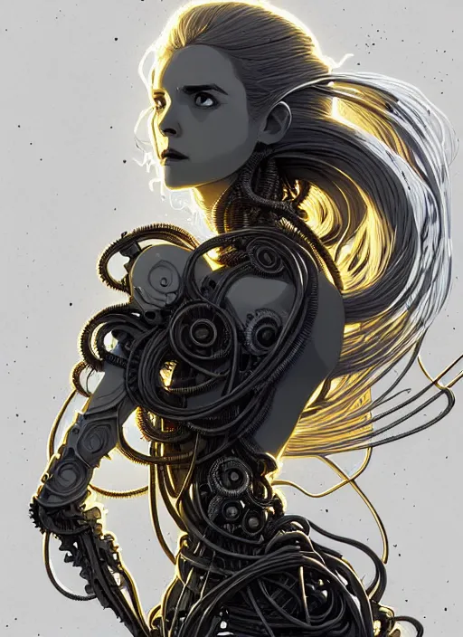 Image similar to highly detailed portrait of a biomechanical long curly white hair tribal lady, stray wiring by atey ghailan, james gilleard, by joe fenton, by greg rutkowski, by greg tocchini, by kaethe butcher, 4 k resolution, gradient yellow, black and white color scheme!!! ( ( dystopian robotic pyramid pouring sandfall background ) )