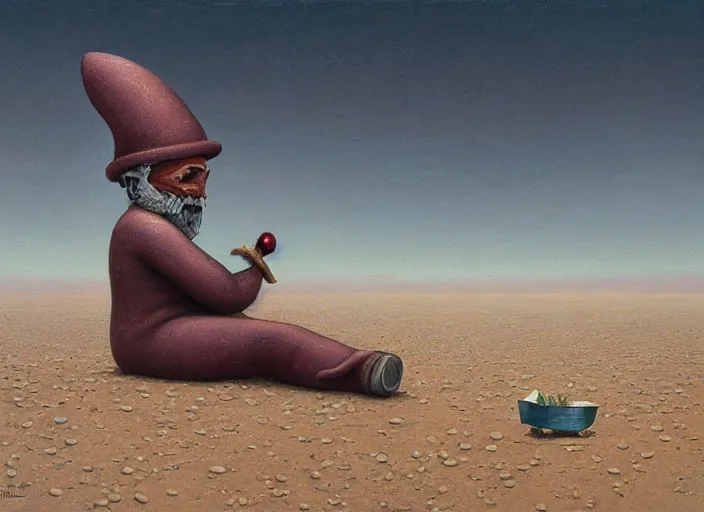 Image similar to a discarded half - buried garden gnome in a vast barren desert, an ultrafine detailed painting by mark ryden, trending on deviantart, pop surrealism, whimsical, lowbrow, perfect symmetrical face