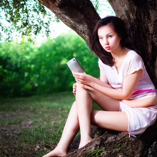 Prompt: photo of a beautiful, mysterious young woman sitting by a tree, real photo, sharp quality, real camera, extremely detailed, face, eyes, hands, body, dslr, 8 k, wideangle