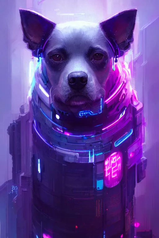 Prompt: a beautiful portrait of a cute cyberpunk dog by greg rutkowski and wlop, purple blue color scheme, high key lighting, digital art, highly detailed, fine detail, intricate, ornate, complex