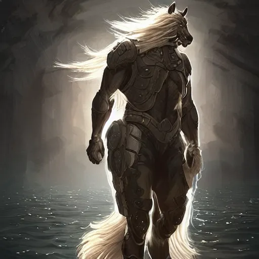 Image similar to splash art of bara horse fursona, wearing kevlar, sporting a long white mane, exaggerated muscles, highly detailed, furry, furaffinity, digital painting, artstation, sharp focus, illustration, art by artgerm, greg rutkowski, alphonse mucha