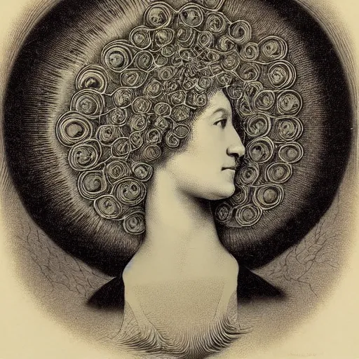 Prompt: portrait of a woman dissolving into waves by ernst haeckel