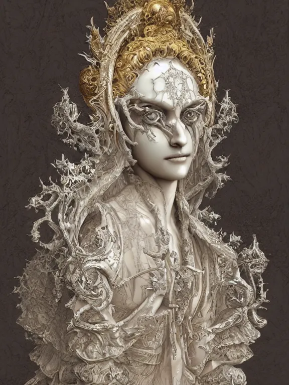 Image similar to a beautiful render of baroque catholic veiled demon lady sculpture with symmetry intricate detailed,by Nekro and peter gric and aaron horkey and Billelis,Trending on artstation,ZBrush,fractalism,maximalism,glittering,gold,ivory,hyperreal