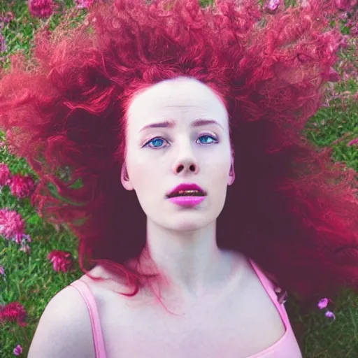 Image similar to close up aerial view portrait of a woman with curly red hair laying in a field of flowers looking at the camera, pastel faded effect, synthwave colors, 8K