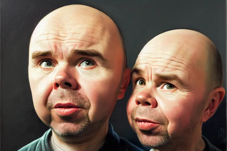 Prompt: oil portrait of karl pilkington and warwick davis. oil painting, highly detailed, centered, artstation, concept art, smooth, sharp focus, illustration, artgerm, vermeer, hans peter mohrbacher, donato giancola, joseph christian leyendecker, drew struzan