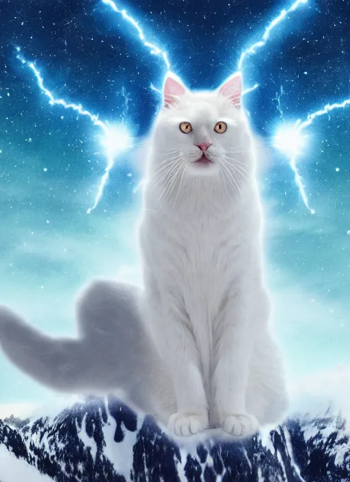 Image similar to giant white cat on a snowy mountain with lightning coming out of its hands, blue sky background with moon