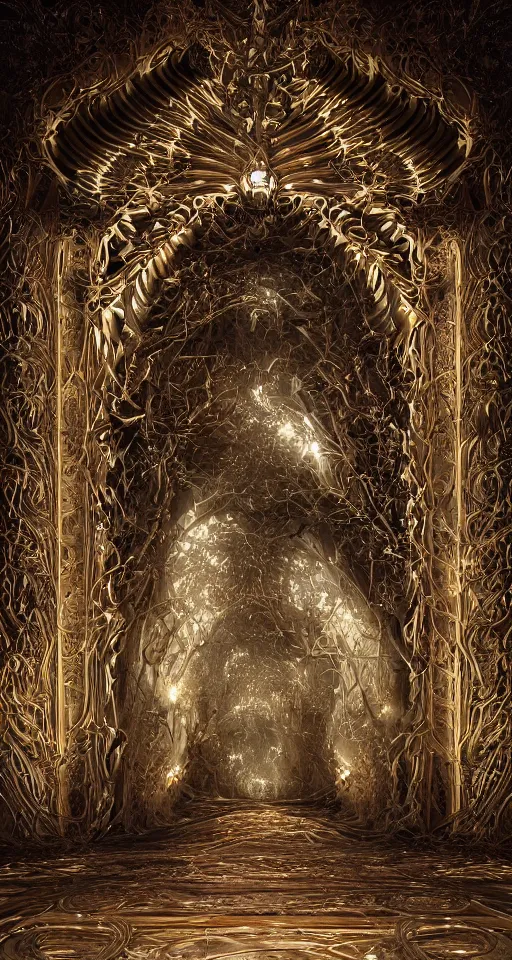 Image similar to gateway to the kingdom of god. ornate, intericate, fractal patterns, ethereal, cinematic, artstation, hyper detailed, weta digital, ray trace, 3 d sculpture, beautifully lit, glow, soft light, photorealistic, ghost, symmetric, masterpiece, realistic, highly detailed