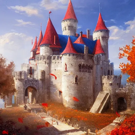 Prompt: A beautiful painting of a medieval castle made out of white and red marble, blue skies, flower petals in the air, autumn, by Greg Rutkowski, trending on artstation