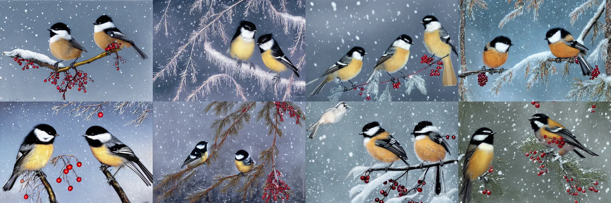 Prompt: a pair of chickadees, sitting on the branch of a mountain ash tree, with red berries and icicles, in the winter, snowing, gray sky with wispy clouds, by james c. christensen, highly detailed digital art