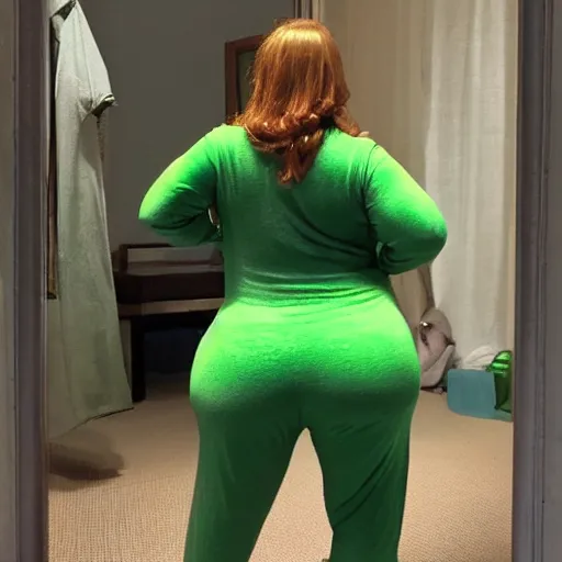 Prompt: a back behind body of thicc princess fiona wearing green pajamas, set on night