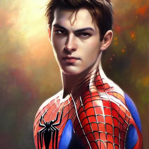 Image similar to stunning serene portrait of Spiderman by Mark Arian, oil on canvas, masterpiece, realism, piercing gaze, autumn bokeh