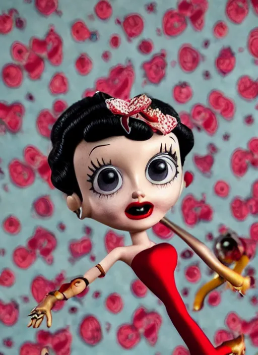 Image similar to closeup of a tin toy betty boop, depth of field, zeiss lens, detailed, symmetrical, centered, fashion photoshoot, by nicoletta ceccoli, mark ryden, lostfish, earl nore, hyung tae, frank frazetta, breathtaking, 8 k resolution, extremely detailed, beautiful, establishing shot, artistic, hyperrealistic, octane render