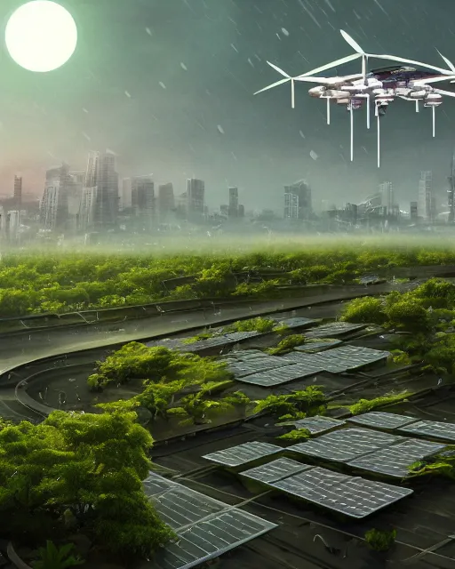 Image similar to solarpunk vehicle above a city, scifi, futuristic, bright light, highly detailed, concept art, green plants, research complex, school, white building, drones, solar panels, flowers, utopia, sharp focus, trending on artstation, intricate, atmosphere, raining, art by roman makarenko, dzung phung dinh