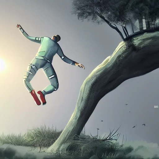 Image similar to a zero - gravity futuristic scene, of a man jumping over a tree, concept art, trending on art station