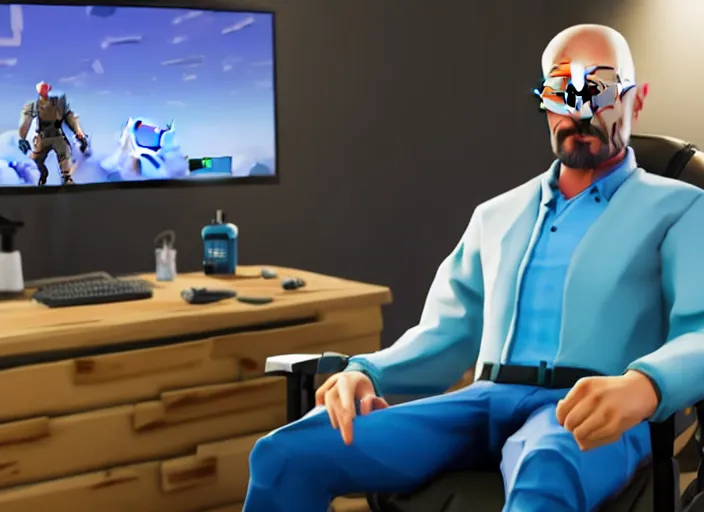 Image similar to realistic gamer walter white in real life on a gaming chair playing fortnite on his gamer pc