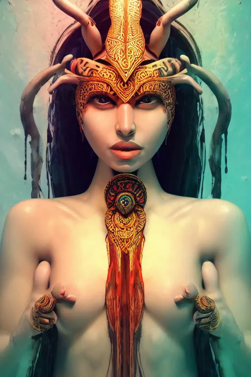 Image similar to a centered full body render of an alluring goddess wearing a tribal mask surrounded by a underwater ink pour and flowing liquid galiumand sacread geometry, perfect face, powerful, cinematic, beautifully lit, by artgerm, by viktoria gavrilenko, 3 d, trending on artstation, octane render, 8 k