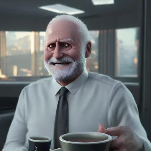 Image similar to hide the pain harold ; cinematic screenshot ; crisp sharp focus ; ultra realistic, concept art, intricate details, cool forced smile at office with cup in hand, highly detailed, photorealistic, octane render, 8 k, unreal engine. art by artgerm and greg rutkowski and charlie bowater and magali villeneuve and alphonse mucha