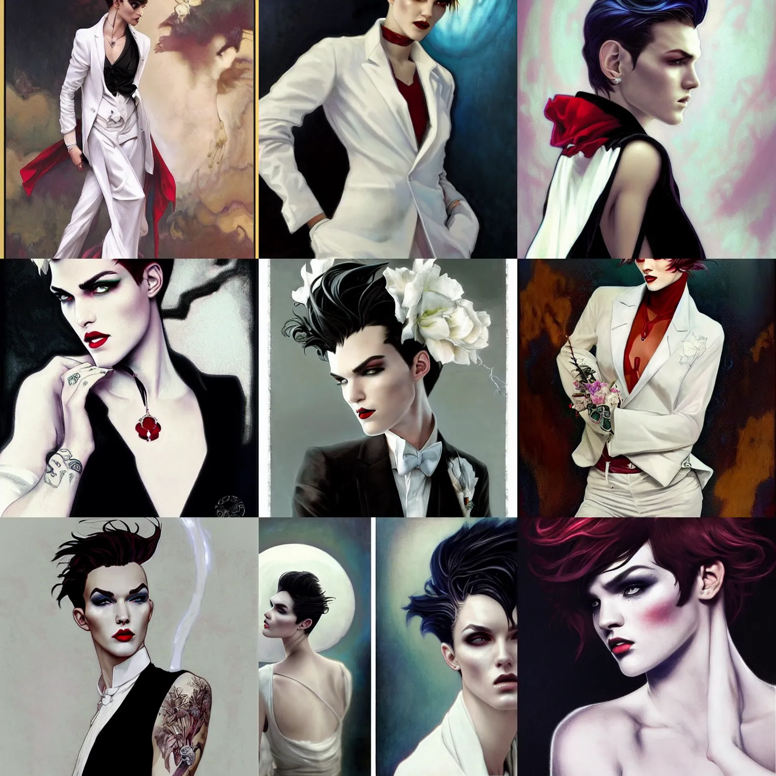 Prompt: beautiful portrait of androgynous ruby rose as desire from sandman in a white tuxedo!!!, rockabilly style, by cedric peyravernay, alphonse mucha, by jeremy mann, by lecouffe deharme, white suit and black tie, soft lightning, high detailed, 8 k