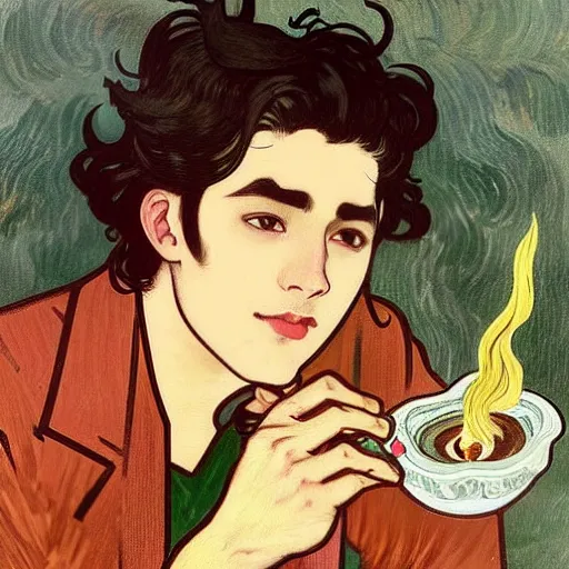 Image similar to painting of young cute handsome beautiful dark medium wavy hair man in his 2 0 s named shadow taehyung and cute handsome beautiful min - jun together at the halloween! party, bubbling cauldron!, candles!, smoke, autumn! colors, elegant, wearing suits!, delicate facial features, art by alphonse mucha, vincent van gogh, egon schiele