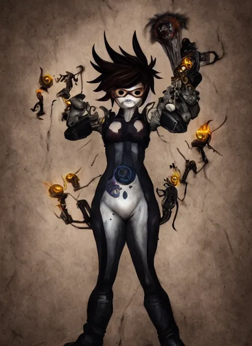 Prompt: dark full body painting of tracer from overwatch, in style of hieronymus bosch, scary, horror, 4 k, feminine facial features, overwatch tracer character, horror, body horror, disturbing, detailed face, dressed in dark garment, black tendrils, tall,