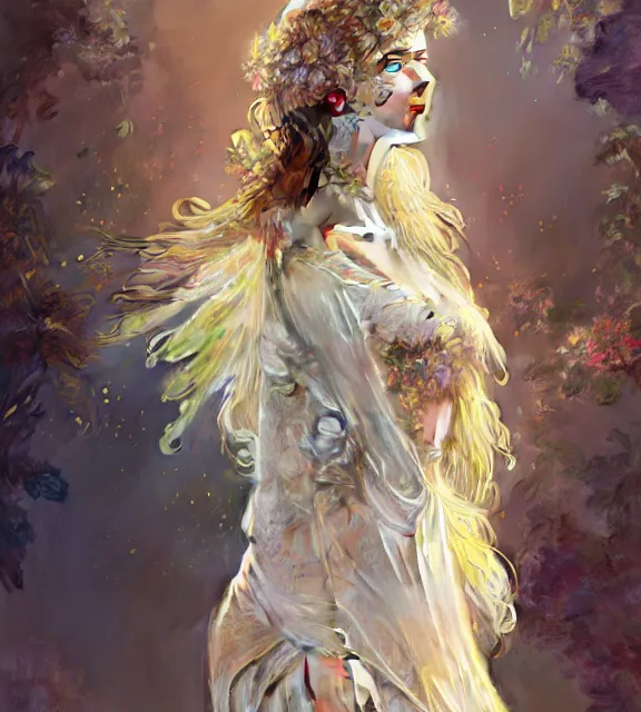 Image similar to Floralpunk elysian Maiden of radiant light wearing ivory lace dress made of stardust 4k digital illustration by Ruan Jia by artgerm, award winning art, Artstation, art nouveau aesthetic, Alphonse Mucha background, intricate details, realistic, full view, Artstation, CGsociety