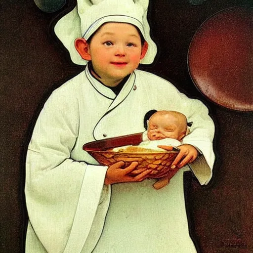 Image similar to baby yoda as a chef wearing a white apron and wearing a white chef's hat, by Jan van Eyck, by alphonse mucha