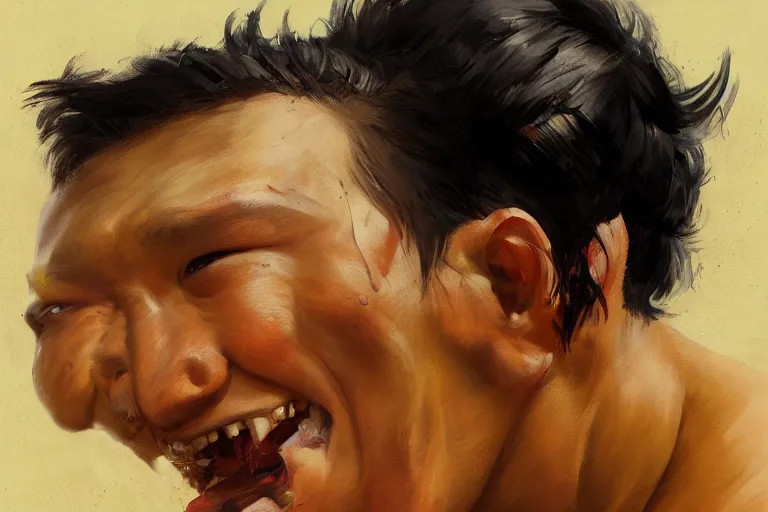 Image similar to greg manchess portrait of a filipino mma fighter uncontrolable laughter, profile picture, organic painting, sunny day, matte painting, bold shapes, hard edges, street art, trending on artstation, by huang guangjian, gil elvgren, ruan jia, randy vargas, greg rutkowski