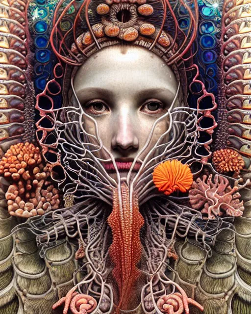 Prompt: hyperrealistic detailed underwater face portrait of the beautiful goddess of the fish skeletons with an intricate headgear of corals, sea kelp, sea plants, fish, starfish, jellyfish, art by ernst haeckel, john william godward, android jones, alphonso mucha, gothic - cyberpunk, ornamental, beautiful deep colours,