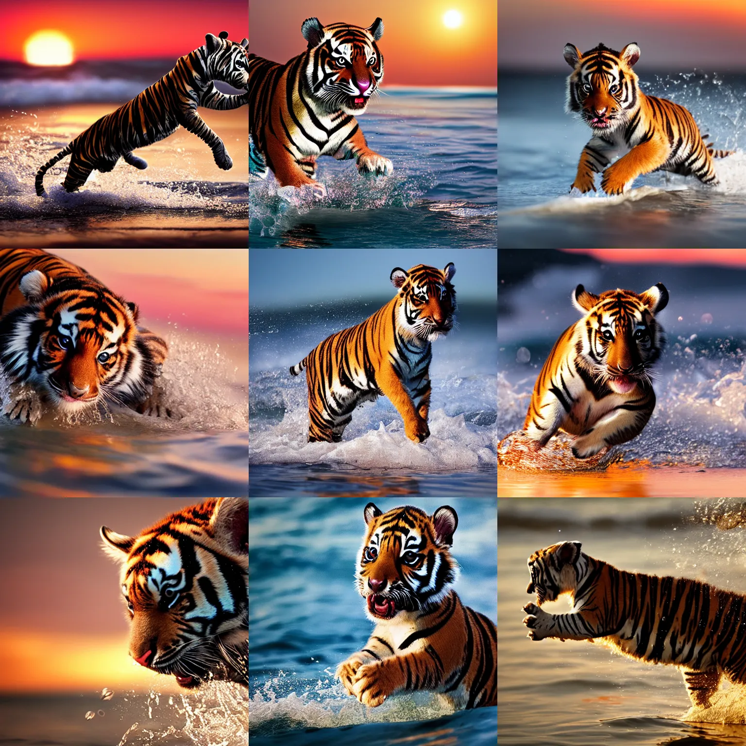 Prompt: a closeup photorealistic photograph of a cute tiger zebra puppy splashing in the surf during sunset. professional capture, well lit shot. trending on artstation, featured on behance, well - rendered, extra crisp, features intricate detail, epic composition and the style of unreal engine