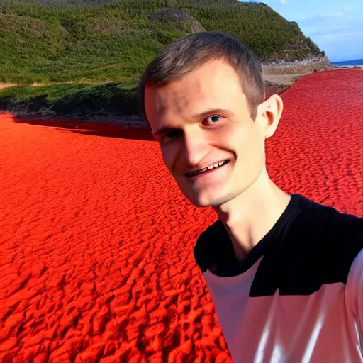 Image similar to vitalik buterin on a red beach taking a selfie