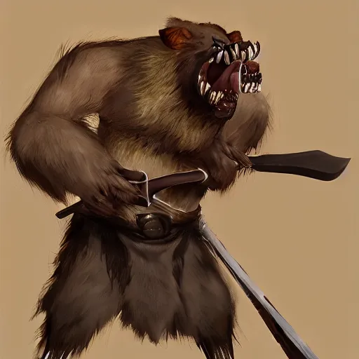 Image similar to Portrait of Grinning Gnoll with a scythe in its hand and brown fur. In style of Hyung-tae Kim, concept art, trending on ArtStation, Korean MMORPG.