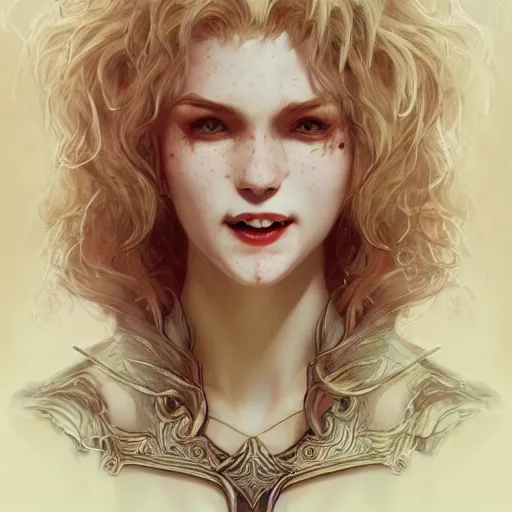 Image similar to a blonde vampire girl, child, freckles, smiling, fangs, messy curly hair, dark leather armor, sword, intricate and very beautiful and elegant, highly detailed, digital painting, artstation, concept art, smooth and sharp focus, cg by tian zi and wlop and alphonse mucha
