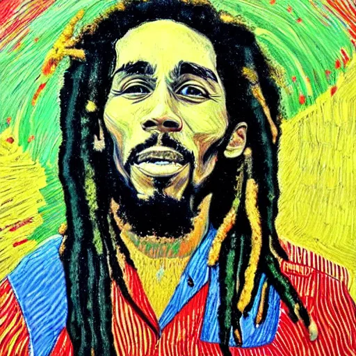 Prompt: highly detailed portrait of bob marley in the style of vincent van gogh