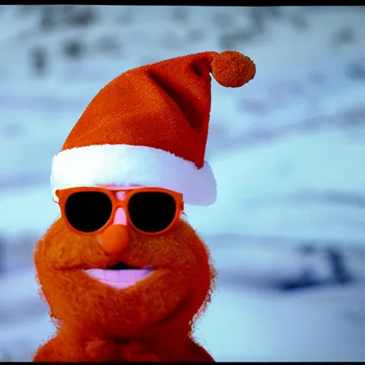 Prompt: bip bippadotta, north pole, santa hat, orange fuzzy muppet, wearing sunglasses. sharp, uhd 4 k