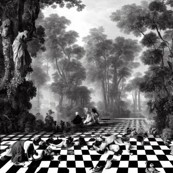 Image similar to pieter de hooch, trending on artstation, highly detailed, black and white checkerboard floor in the middle of the rainforest, intricate, elegant