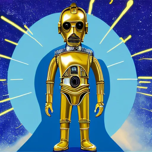 Image similar to entire body portrait of Simpson as C3PO in star wars, background blue sky puffy clouds cinematic 4k