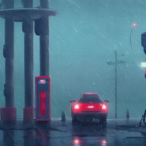 Prompt: a young girl and her tall humanoid robot going on a trip together, near a gas station, raining, detailed, cinematic, cinematic lighting, by Simon Stalenhag