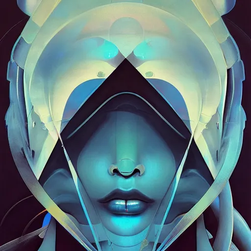 Image similar to scifi futurism automaton minimalism chrome by peter mohrbacher art Hajime Sorayama airbrush hyperrealism model abstract shatter fragments cubism futurism pastel blue soft flat minimal minimalism portrait face jackson pollock ukiyo-e lithograph mark ruthko swirl escape noise shimmer glow paint