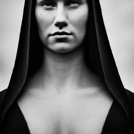Prompt: minimalist photography portrait of a germanic pagan woman, early middle ages, heathen warrior, symmetrical, super close up, mid thirties, cute round slanted eyes, caucasian, wide nostrils, high cheekbones, full cheeks, high flat eyebrows, angelic, ethereal essence, leica 1 0 0 mm f 0. 8