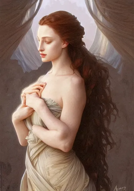 Prompt: sansa angeline jolie, intricate, elegant, highly detailed, digital painting, artstation, concept art, smooth, sharp focus, illustration, art by artgerm and greg rutkowski and alphonse mucha and william - adolphe bouguereau