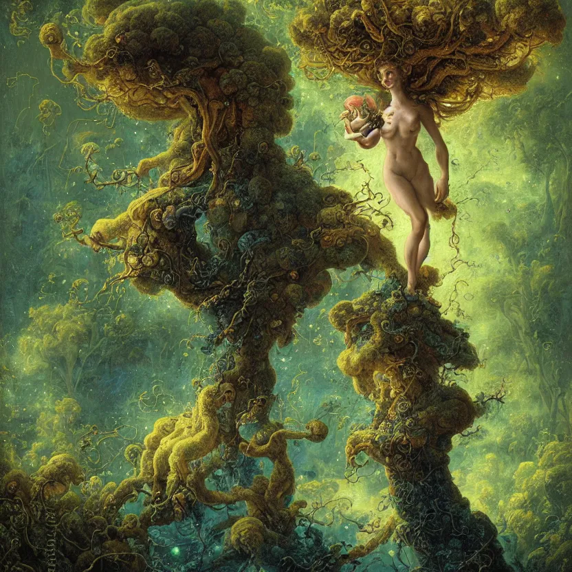 Prompt: a close - up rococo portrait of a futuristic iridescent mushroom alien elf - like creature standing in water, moss, and swamp. fireflies night time. rich blue colors, high contrast. gloomy, highly detailed 1 8 th century sci - fi fantasy masterpiece painting by jean - honore fragonard, moebius, and johfra bosschart. artstation